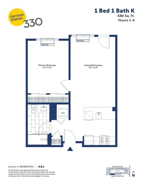 Floor plan for 1 bed, 1 bath, 680 sqft
